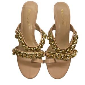 Shoedazzle Gold Chains 8.5 Women's 4 Inch High Heels Beige Sandal Shoes 8 1/2